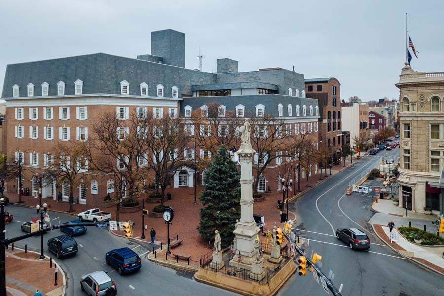 Lancaster PA Insurance - Downtown Square with a Statue at Rush Hour
